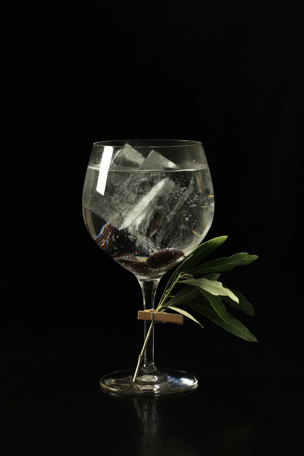Taça de cristal com gin, gelo e um ramo verde, sobre fundo escuro